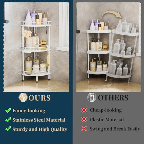 Consumest Corner Shower Caddy Stand - 3 Tier Organizer with Soap Holder and 4 Hooks