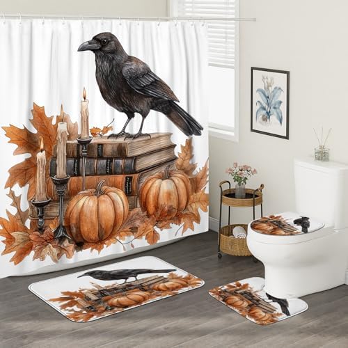 DESIHOM 4PCS Fall Crow Ravens Bird Shower Curtain Set with Non-Slip Rug and Hooks