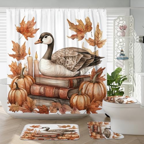 DESIHOM 4PCS Fall Goose Shower Curtain Set with Non-Slip Rug and Toilet Lid Cover Mat