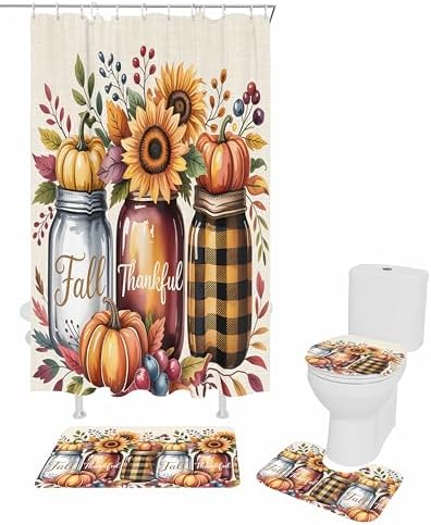 Thanksgiving Fall 4 Pc Shower Curtain Set with Non Slip Rugs