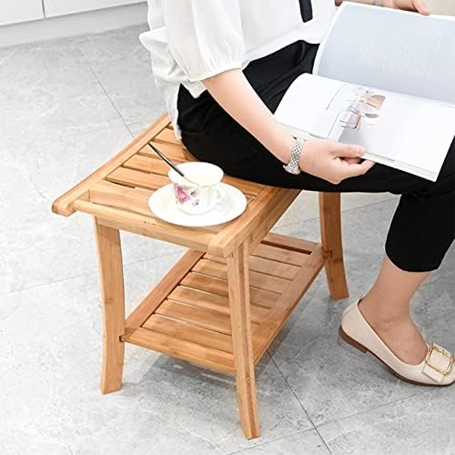 Bamboo Shower Stool with Storage Shelf and Non-Slip Design