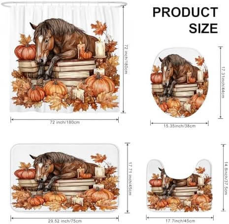 DESIHOM 4PCS Fall Horses Shower Curtain Set with Non-Slip Rug and Toilet Lid Cover Mat