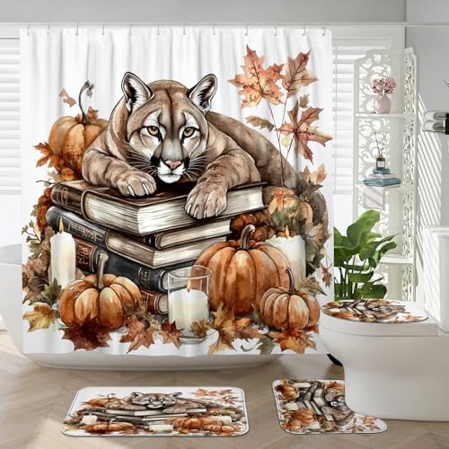 4PCS Fall Cougar Pumpkins Shower Curtain Set with Non-Slip Rug and Toilet Lid Cover Mat