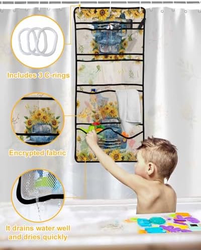 ZFUNCING Shower Curtain Set with Mesh Organizer and 10 Pockets