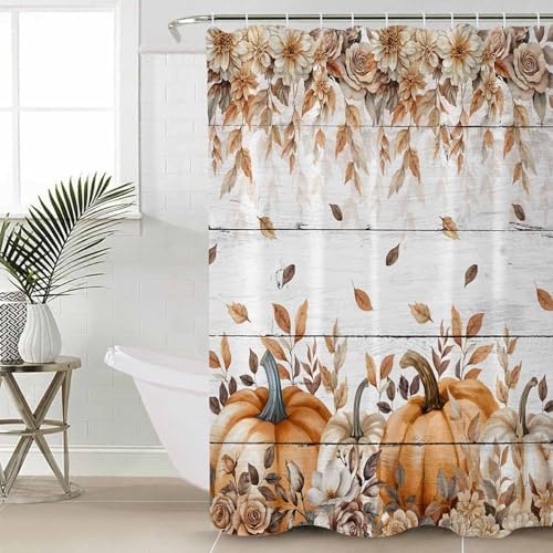 Fall Pumpkin 4 Pcs Waterproof Shower Curtain Set with Non-Slip Rugs and Mats