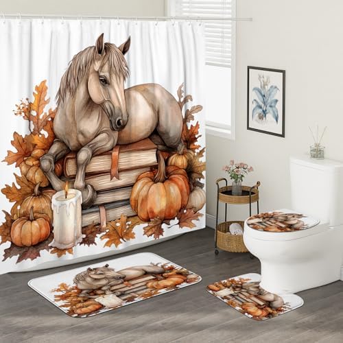 DESIHOM 4PCS Fall Horses Shower Curtain Set 72x72 with Hooks and Non-Slip Rug