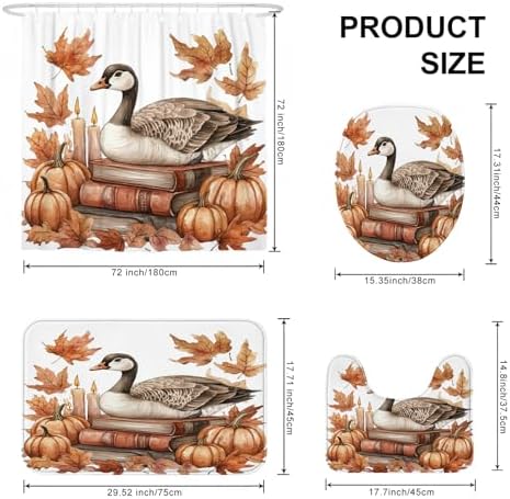 DESIHOM 4PCS Fall Goose Shower Curtain Set with Non-Slip Rug and Toilet Lid Cover Mat