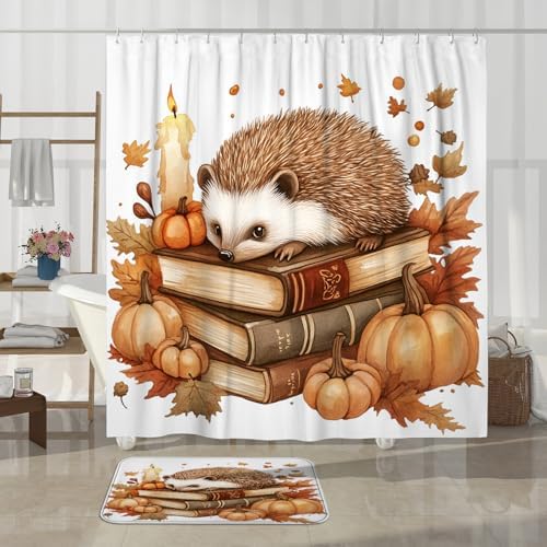 DESIHOM 4PCS Fall Hedgehog Shower Curtain Set with Hooks Bath Mat U Shape and Toilet Lid Cover Mat