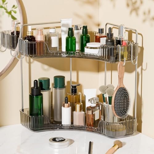 2 Tier Corner Bathroom Organizer with Hooks and Trays Gray