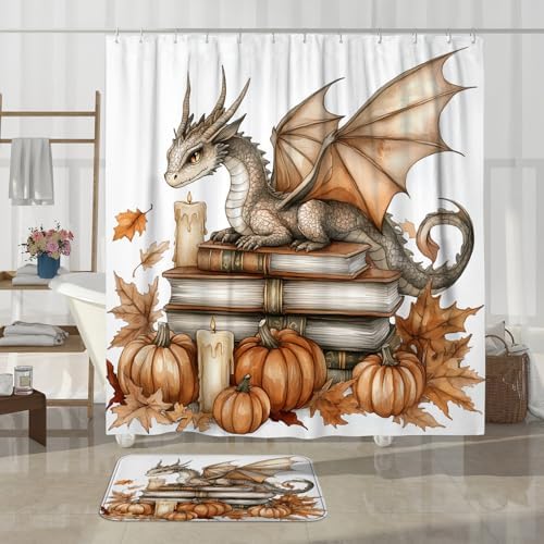 4PCS Fall Dragon Pumpkin Shower Curtain Set with Hooks Non-Slip Rug U Shape Cover and Toilet Lid Mat