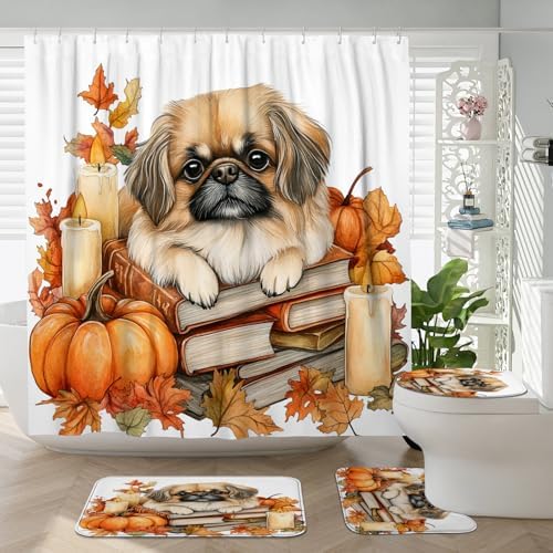 DESIHOM 4PCS Fall Pekingese Dog Shower Curtain Set with Non-Slip Rug and Toilet Lid Cover Mat
