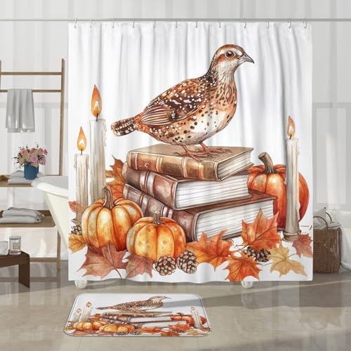 DESIHOM 4PCS Fall Quail Bird Shower Curtain Set with Non-Slip Rug and Toilet Lid Cover Mat