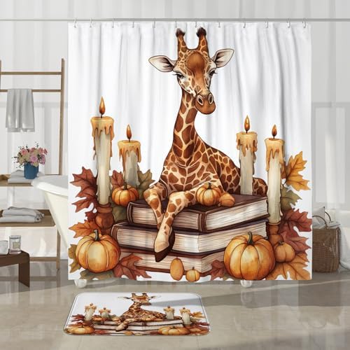 4PCS Fall Giraffe Pumpkins Shower Curtain Set with Non-Slip Rug and Toilet Lid Cover Mat