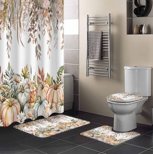 Thanksgiving 4 Pc Shower Curtain Set with Non-Slip Rugs