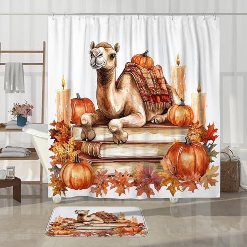 4PCS Fall Camels Pumpkins Shower Curtain Set with Non-Slip Rug and Hooks