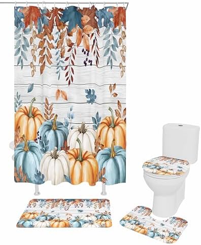 Harvest Pumpkin Shower Curtain Set with Non-Slip Rugs 4 Pcs