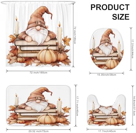 DESIHOM 4PCS Fall Gnome Shower Curtain Set with Non-Slip Rug and Toilet Lid Cover Mat