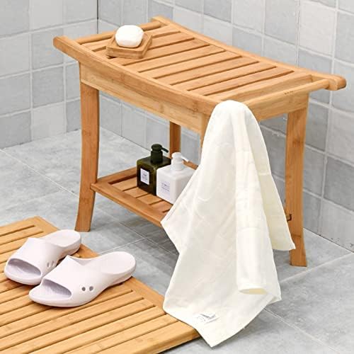 Bamboo Shower Stool with Storage Shelf and Non-Slip Design