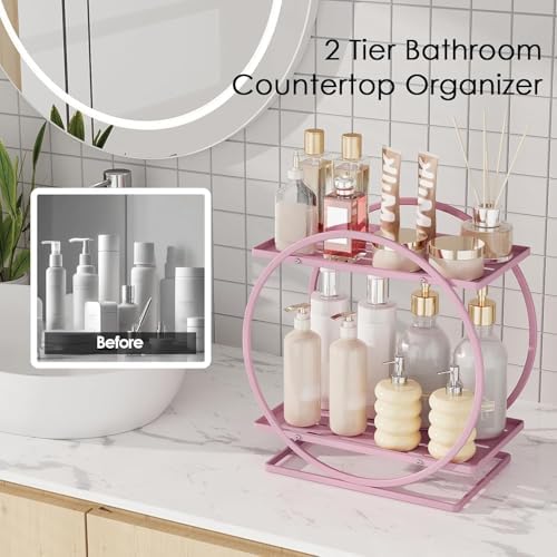 Pink Perfume Organizer for Vanity 2-Tier Bathroom Storage Shelf Large Capacity Metal Skincare Display Stand