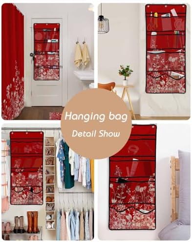 Red Leaf Flower Pattern Shower Curtain with 10 Pockets and Hooks
