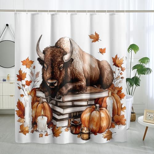 Fall Bisons Pumpkins Decorative Shower Curtain Set