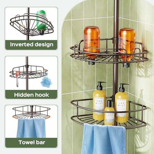 HAMITOR Corner Shower Caddy Tension Pole 4-Tier Adjustable 1