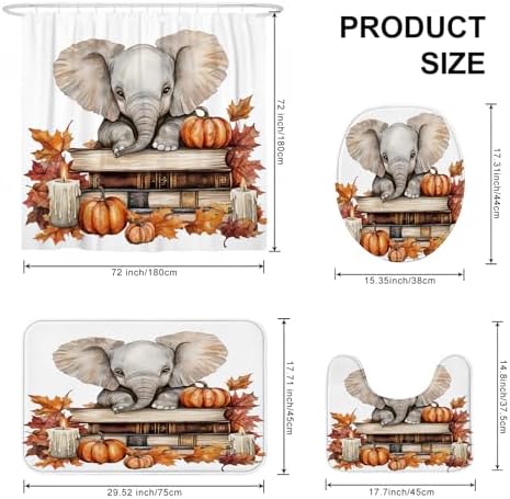 DESIHOM 4PCS Fall Elephants Pumpkins Shower Curtain Set with Non-Slip Rug and Toilet Lid Cover Mat