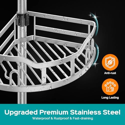 HAMITOR Corner Shower Caddy Tension Pole 4-Tier Adjustable Organizer