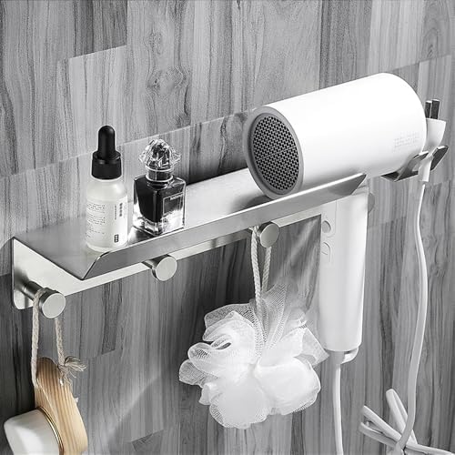 Brushed Stainless Steel Bathroom Rack with 4 Hooks and Hair Dryer Holder