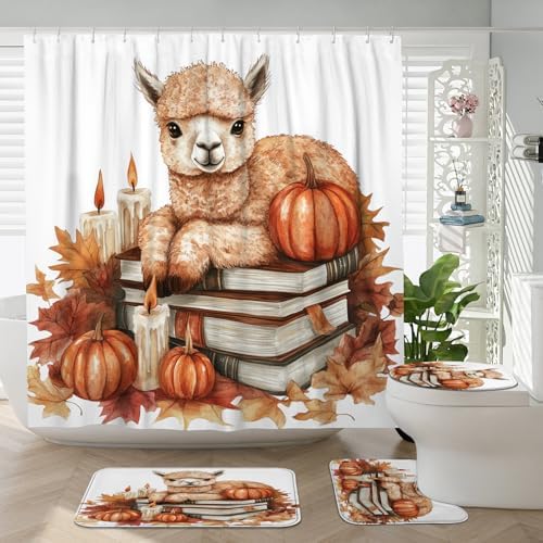 DESIHOM 4PCS Fall Alpaca Llama Shower Curtain Set with Hooks and Non-Slip Mat