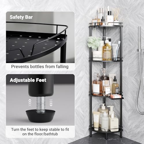 ELYKEN 4 Tier Corner Shower Caddy with Hooks and Soap Holder Black