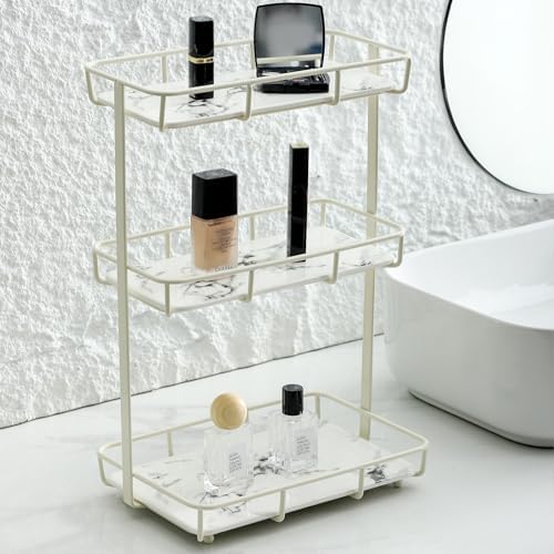 Dobbyby Bathroom Organizer Stainless Steel Gold Shelf White Marble Ceramic Tray