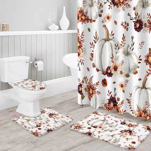 White Pumpkin 4 Pc Shower Curtain Set with Non-Slip Mats and Rugs