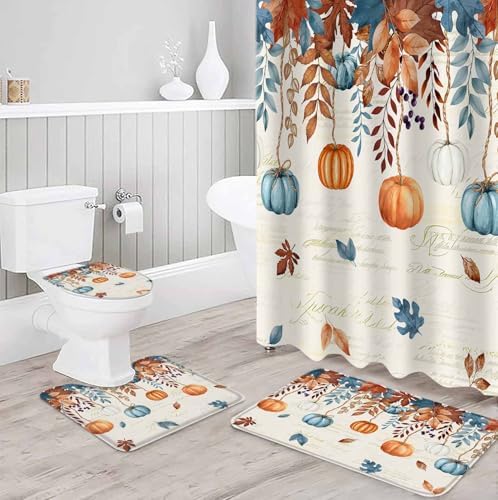 Orange Blue Pumpkin 4 Pc Shower Curtain Set with Non-Slip Rugs