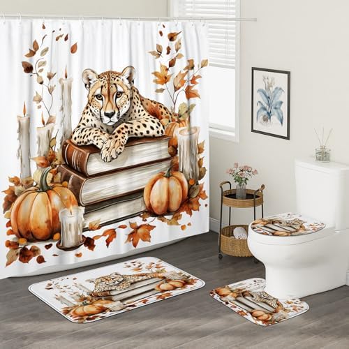 DESIHOM 4PCS Fall Leopards Shower Curtain Set with Hooks and Bath Mat
