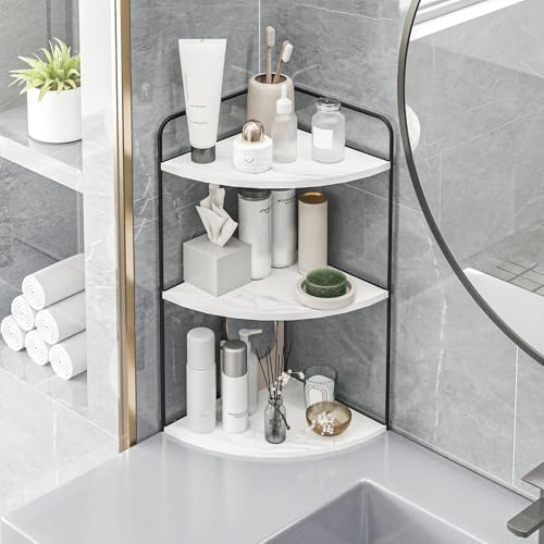 Bathroom Counter Organizer with Corner Shelves Black White Marble