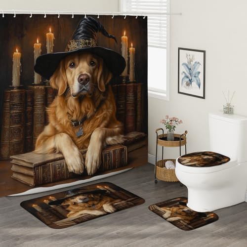 4PCS Halloween Witch Dog Bathroom Set with Non-Slip Rug and U Shape Cover