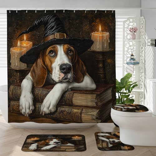 4PCS Halloween Witch Foxhound Dog Bath Set with Non-Slip Rug