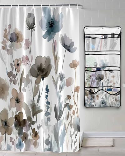 Watercolor Botanical Flower Shower Curtain with 10 Pocket Organizer and Hooks