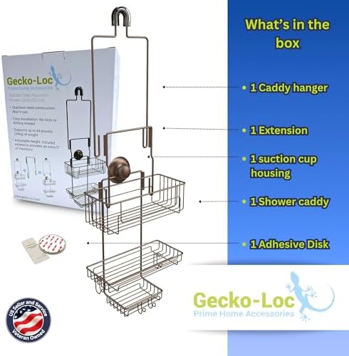 Gecko-Loc Extra Long Adjustable Shower Organizer with Deep Shelf Bronze