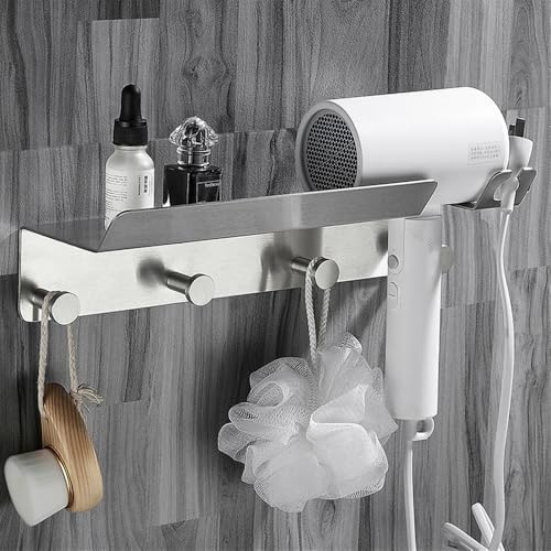 Brushed Stainless Steel Bathroom Rack with 4 Hooks and Hair Dryer Holder