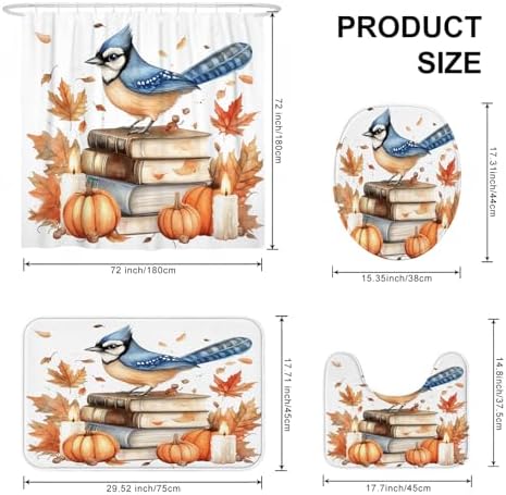 DESIHOM 4PCS Fall Blue Jay Bird Shower Curtain Set with Non-Slip Rug and Hooks