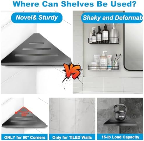 2 Pcs Black Stainless Steel Shower Corner Shelf with Screws