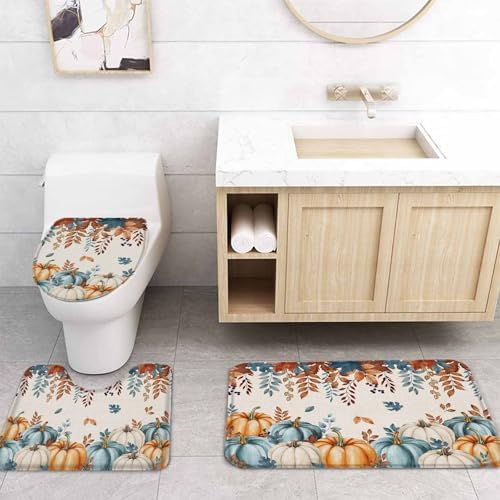 Harvest Pumpkin 4 Pc Shower Curtain Set with Non-Slip Rugs