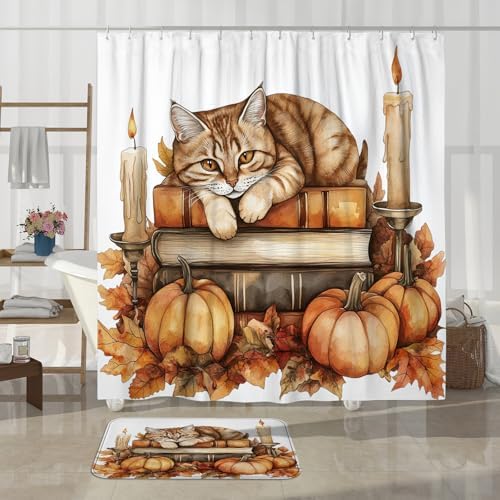 DESIHOM 4PCS Fall Cats Kitten Shower Curtain Set 72x72 with Hooks and Accessories