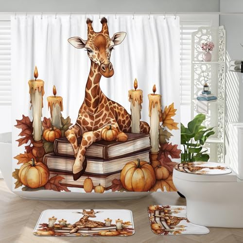 4PCS Fall Giraffe Pumpkins Shower Curtain Set with Non-Slip Rug and Toilet Lid Cover Mat