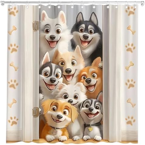 Funny Dogs Shower Curtain Cute Cartoon Animal Paws Print Bone Watercolor Farmhouse Decor