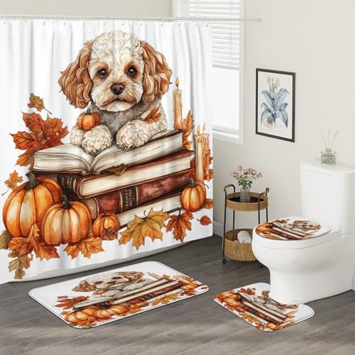 DESIHOM 4PCS Fall Cavachon Shower Curtain Set 72x72 with Hooks and Bath Mat