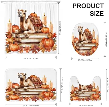 4PCS Fall Camels Pumpkins Shower Curtain Set with Non-Slip Rug and Hooks