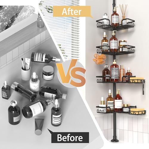 ZUNTO Shower Caddy Corner Tension Pole Organizer Adjustable 25in-114in 4 Tier Storage with 2 Soap Holders Black
